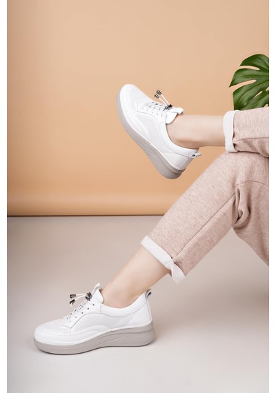 Nesilshoes Modessa 121 Beyaz Bağcıklı Hakiki Soft Deri Kadın Ayakkabı