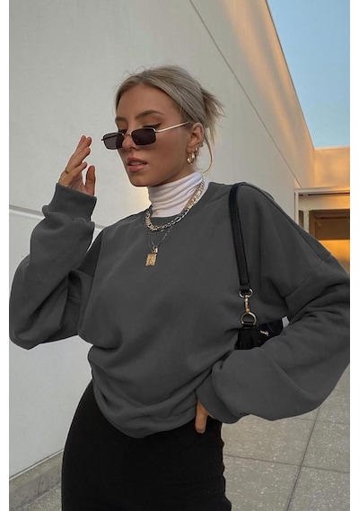 Madmext Madmext MG1559 Bisiklet Yaka Basic Kadın Sweatshirt - Füme