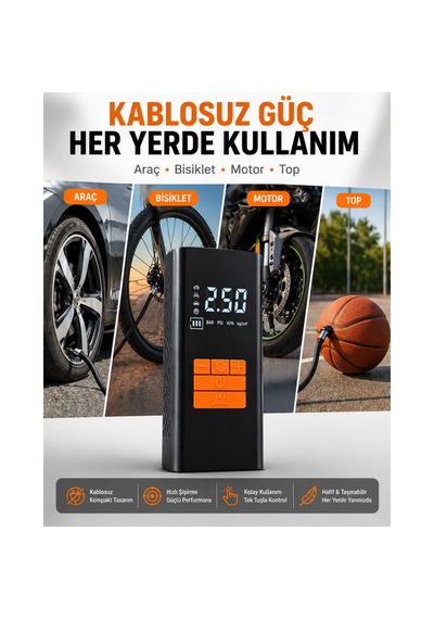 Kablosuz Hava Pompası 6000 Mah Şarjlı Dijital Ekranlı Lastik Şişirme Kompresörü Araç Bisiklet Motor Top Siyah
