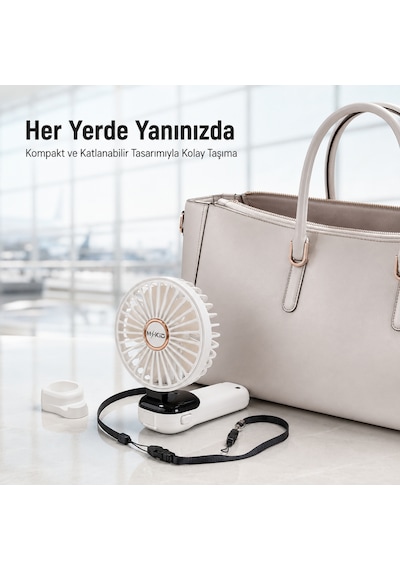 Mkio Şarjlı El Vantilatörü 5 Kademeli, Katlanabilir Dijital Ekranlı Mini El Fanı, 1200 Mah, 5 Pervaneli Güçlü Hava Akışı, Standlı Masaüstü Fan, Usb Şarjlı -beyaz