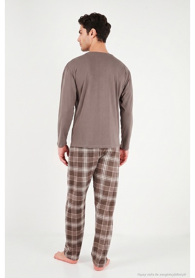 Buratti Ekoseli Pamuklu Bisiklet Yaka Pijama Takımı Erkek Pijama Takımı 6575007 Kahve