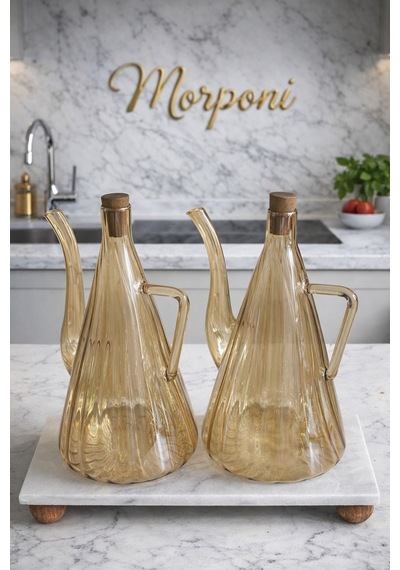 Qerhome Mermer Stantlı Glazzy Çizgili Tasarım Yağdanlık 750 Ml +750 Ml Amber Amber