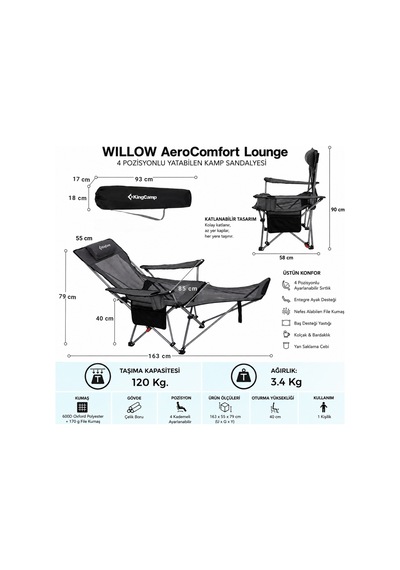 Kingcamp Wıllow Aerocomfort Lounge 4 Pozisyonlu Yatabilen Kamp Sandalyesi Gri - Siyah