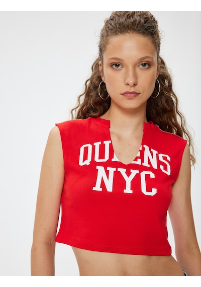 Koton Crop Üst V Yaka Slogan Baskılı Kolsuz Slim Fit Kırmızı 4sal30325ık Kırmızı