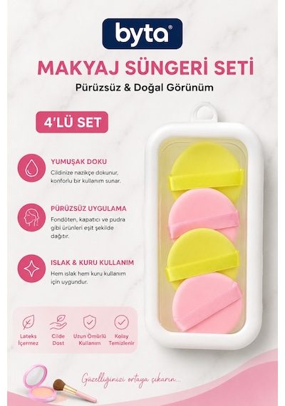 Smarthings 4 Lü Makyaj Pudra Süngeri Seti Yumuşak Dokulu, Parmak Bantlı Fondöten Ve Pudra Uygulama Pufu