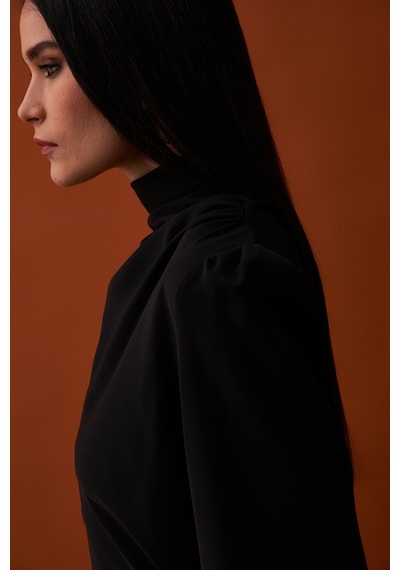 Sateen Drape Detaylı Bluz - Siyah