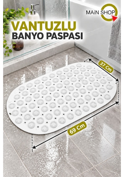 Vantuzlu Banyo Ve Duşakabin Kaydırmaz Paspas, Küvet İçi Masaj Etkili Mat 37x69 Cm M-142 Beyaz