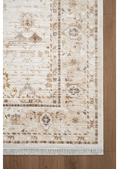 Etro Et003a Krem Klasik Modern Çerçeveli Etnik Desen Parlak Ağır Salon Halısı İpek Serisi-735 Krem