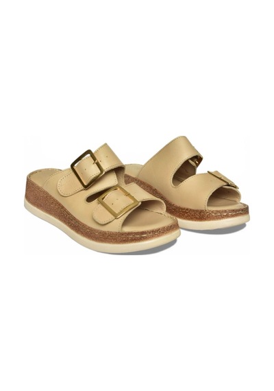 Fox Shoes Y555021703 Bej Hakiki Deri Comfort Ortopedik Taban Kadın Terlik Bej