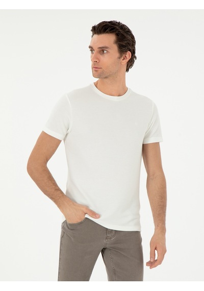 Beyaz Slim Fit Bisiklet Yaka Dokulu T-shirt 15841036