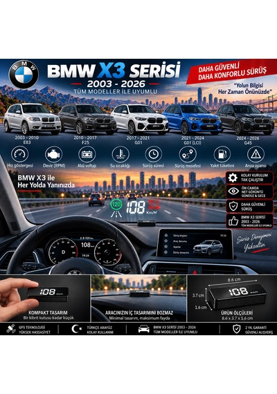 Bmw X3 Serisi 2003-2026 Modeller İçin Head Up Display Hayalet Gösterge Ekranı Ön Cam Hız Göstergesi