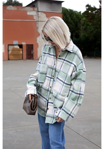Madmext Su Yeşili Oversize Kadın Oduncu Gömlek Mg1589 Suyeşili