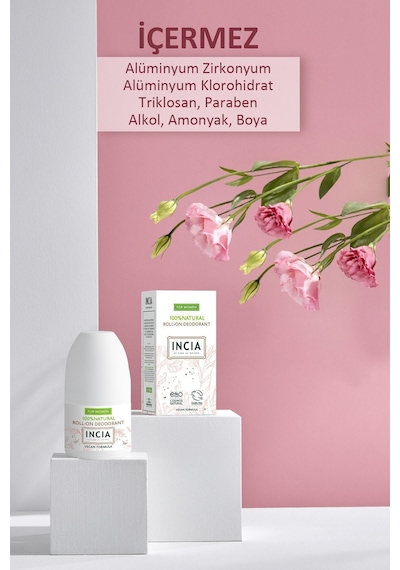 INCIA %100 Doğal Roll On Deodorant Kadınlar İçin Ter Kokusu Önleyici Leke Yapmayan 50 ML