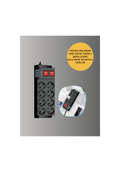 Güçlü Termal Korumalı 8 Priz + 3 Usb Çoklu Uzatma Kablosu 2m - Lisinya 2 - 5 M