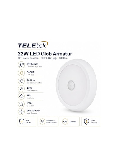 22w 3000k Gün Işığı Led Glob Pır Hareket Sensörlü Beyaz Armatür Ip 20 2000lm Diğer
