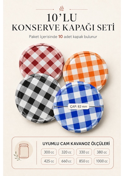 10 Adet Hijyenik Paketli Kavanoz Kapağı Çok Renkli Ekose Desenli Metal Konserve Kavanoz Kapağı 82 Mm