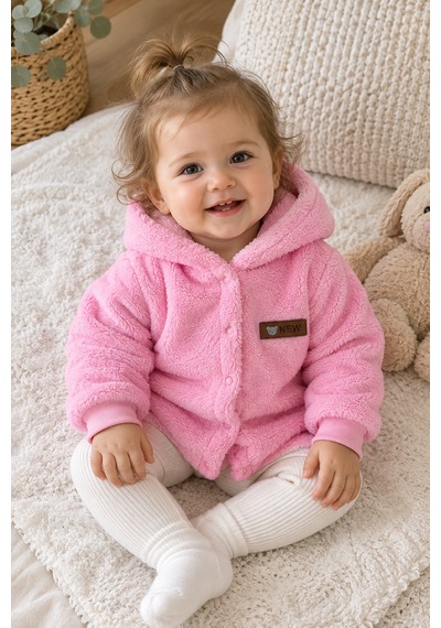 Beniizle Kapüşonlu Unisex Welsoft Yumuşak Dokulu Çıtçıtlı Kışlık Bebek Hırkası Pembe