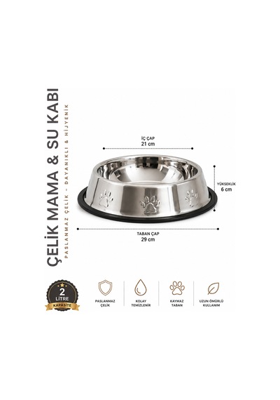 Köpekler İçin Pati Desenli Çelik Mama Su Kabı 30 Cm - 64 Oz - 2 Lt