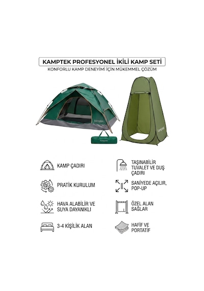 Otomatik Kurulum Kamp Çadırı 3-4 Kişilik + Anında Pop-up Katlanır Duş Ve Soyunma Çadırı Kamp Avantaj Seti Yeşil
