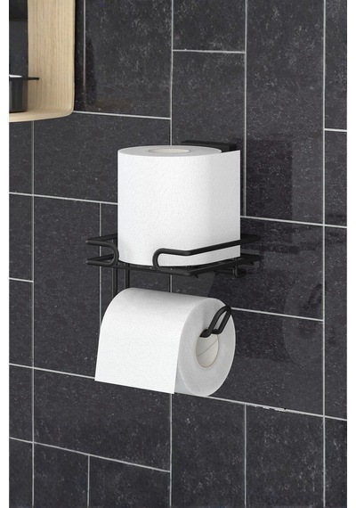 Tekno Tel Ef-275 Siyah Yedekli Tuvalet Kağıtlık Yapışkanlı/vidalı Deliksiz Metal Wc Tutucu Siyah