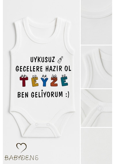 Babyden's Uykusuz Gecelere Hazır Ol Teyze Ben Geliyorum Yazılı %100 Pamuk Kolsuz Bebek Body Beyaz