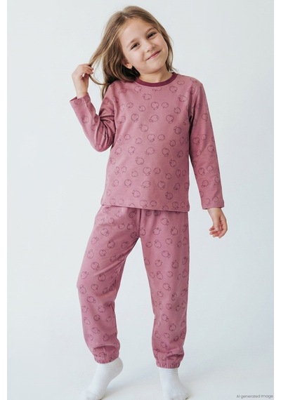Breeze Kız Çocuk Pijama Takımı Elma Desenli Beli Paçası Lastikli 4-8 Yaş, Gülkurusu