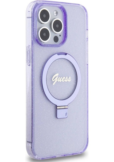 Apple Uyumlu iPhone 15 Pro Max Kılıf Guess Lisanslı Magsafe Özellikli Simli Ring Standlı