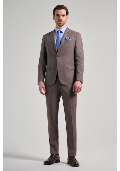 İmza Kendinden Desenli Bez Ayağı Mono Yaka Tam Astar Esnek 6 Drop Slim Fit Takım Elbise 1001250168 Kahverengi