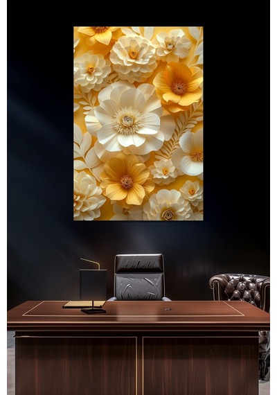 Çiçek Baskılı Cam Tablo 3d Görünümlü Sarı Beyaz Floral Dekoratif Duvar Tablosu