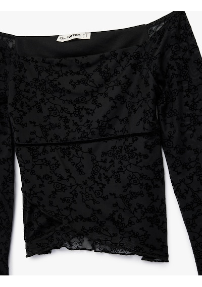 Koton Uzun İspanyol Kollu Slim Fit Omzu Açık Tül Dantelli Tişört Siyah 6wal10661ık