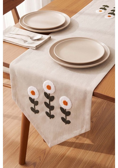 Daisy Cream Kasso Punch İşlemeli Runner 35x110 Cm Çok Renkli