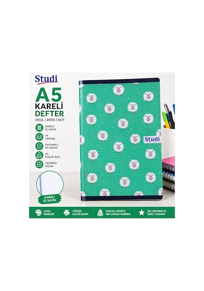 A5 Kareli Defter 60 Yaprak Yeşil Kuzu Desenli Pp Kapaklı Okul Ve Ders Defteri Çok Renkli