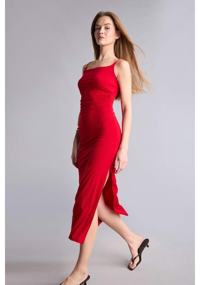 Defacto Bodycon Vücudu Saran Kare Yaka Askılı Maxi Elbise H6454ax26smrd357 Kırmızı-rd357