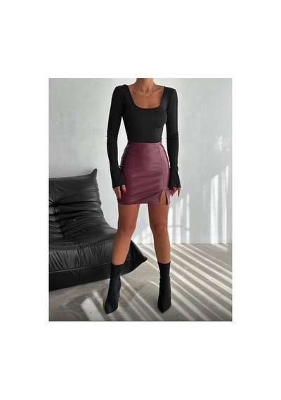 Luka Suni Deri Kumaş Beli Lastikli Yırtmaçlı Tasarım Siyah Renk Mini Etek Bordo - 791366495 Bordo