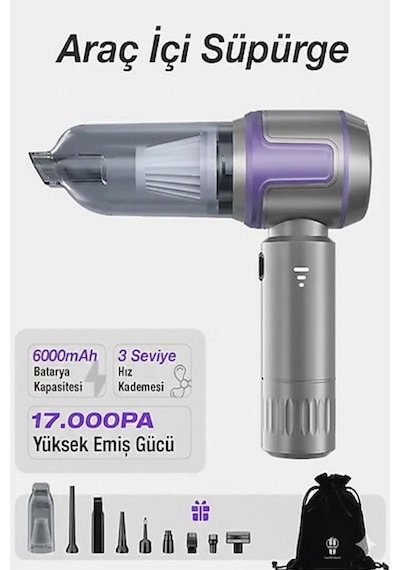 Kablosuz Taşınabilir Araç İçi El Süpürgesi 17000pa Güçlü Vakum 4 Ü 1 Arada Çok Amaçlı Temizlik 1 Adet