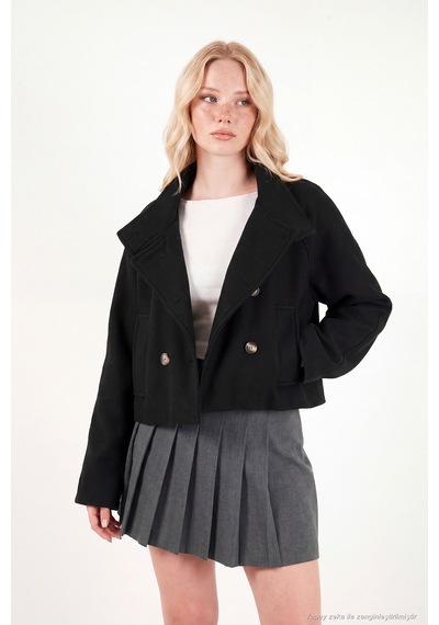 Lela Dik Yaka Düğmeli Kısa Kaşe Mont Kadın Kaşe Mont 611aw115 Siyah