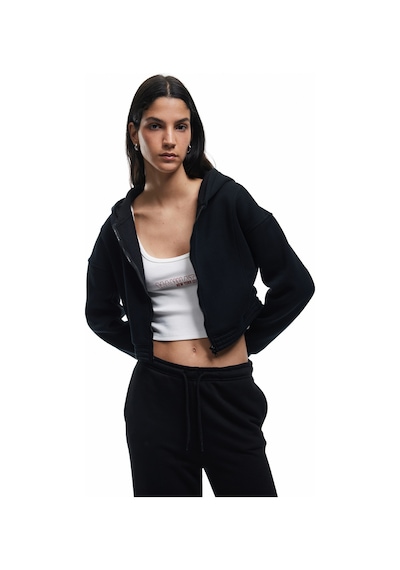 Koton Şardonlu Uzun Kollu Fermuarlı Kapüşonlu Oversize Sweatshirt Siyah 6wal10307ık Siyah