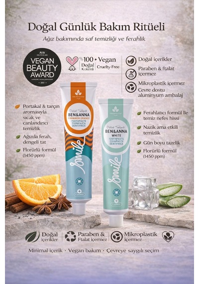 Ben & Anna White + Cinnamon Orange Doğal Diş Macunu Seti 75 Ml X 2 Vegan, Florürlü, Paraben İçermez