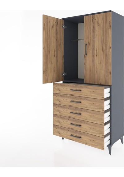 Hyperion Dolap Tek Raflı 5 Çekmeceli Tek Askılı 88x44x195 Antrasit-çam Antrasit
