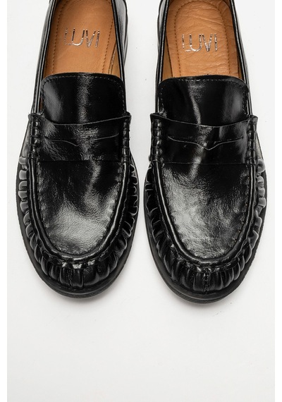 Luvi Shoes Chen Siyah Kırışık Rugan Hakiki Deri Kadın Loafer Ayakkabı