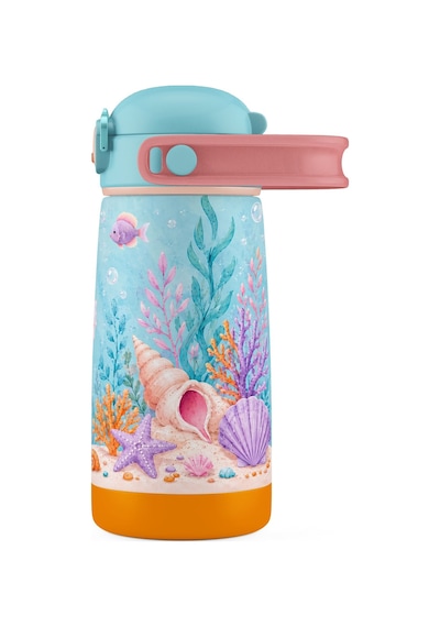 Puccon Mor Turkuaz Denizatı Baskılı Kız Çocuk 420 Ml Çelik Matara/suluk/termos - 60025 Pembe - Mavi