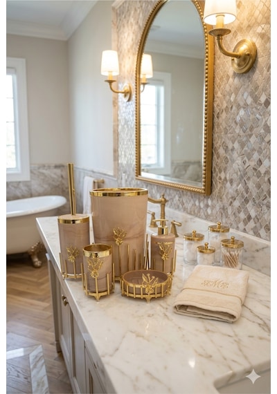 Makri Home Gold Kaplama Metal Stantlı 5 Parça Mermer Desenli Ve Düz Renk Seçenekli Banyo Aksesuar Takımı Somon