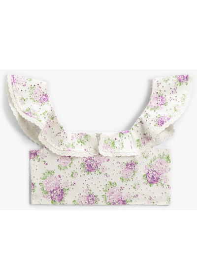 Koton Crop Bluz Fistolu Çiçek Desenli Fırfırlı Lila Desenli 4skg60002ew Lila