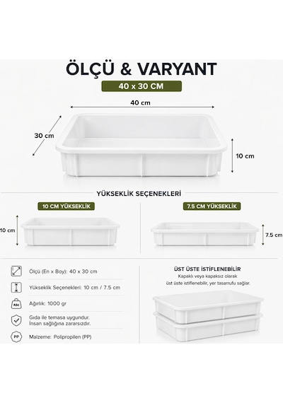 40x30 Cm Profesyonel Pizza Hamur Tepsisi Kapaklı 7.5 Cm Yükseklik Pp Gıda Uyumlu Hamur Teknesi Beyaz