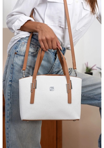 Just Polo Kadın 5 Bölmeli El Ve Omuz Çantası 4030mh Beyaz Taba Yeni 09074699