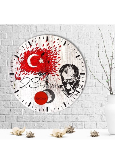 Kişiye Özel 23 Nisan Tasarımlı Ahşap Duvar Saati 30 Cm. - 1 Çok Renkli