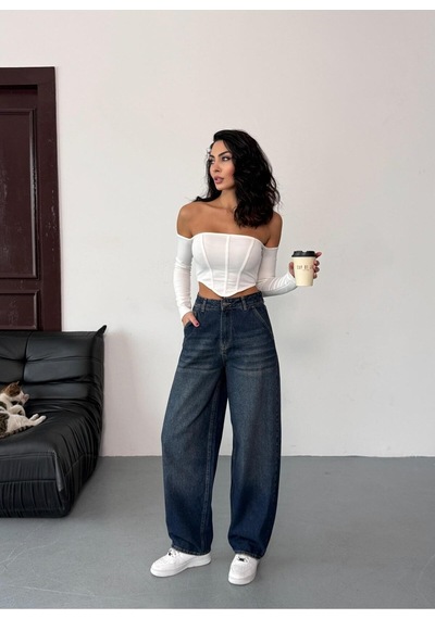 Kadın Mavi Eskitmeli Skater Fit Yüksek Bel Pantolon Lacivert-tintli