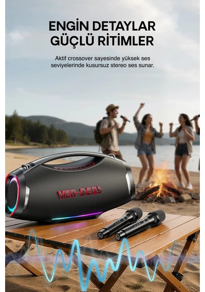 Ven-dens Vd-spk027l 450 W Rms Bluetooth 5.3 Parti Ve Karaoke Hoparlörü, 45000 Mah Batarya, Siyah