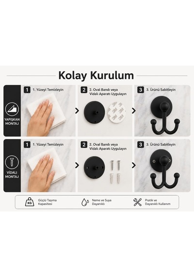 Lotus Siyah Çiftli Lüx Bornoz Ve Havlu Askılığı, Yapışkanlı Ve Vidalı Montajlı Duvar Askısı, Mat Siyah Statik Boyama, 35 Mm Oval Bantlı Banyo Askısı