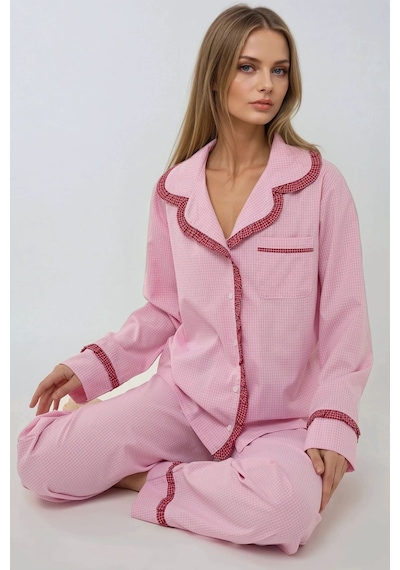 Hiccup Gömlek Yaka Pamuklu Kareli Pijama Takımı Karanfil Pembesi